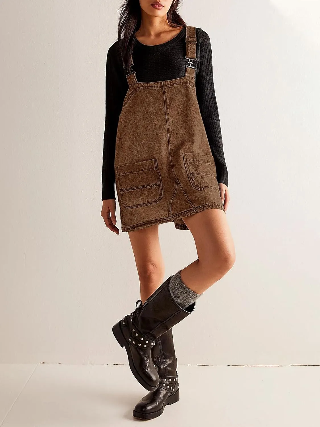PLNOTME Women's Casual Denim Overalls Dress Adjustable Strap Summer Mini Jean Dress with Pockets