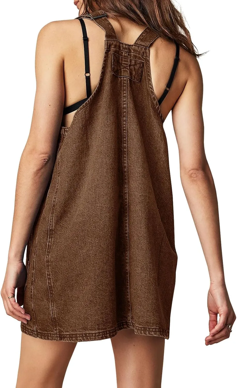 PLNOTME Women's Casual Denim Overalls Dress Adjustable Strap Summer Mini Jean Dress with Pockets