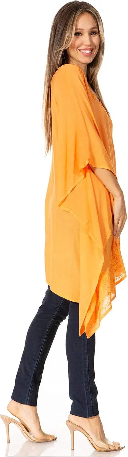Sakkas Wren Lightweight Circle Poncho Top Blouse with Detailed Embroidery