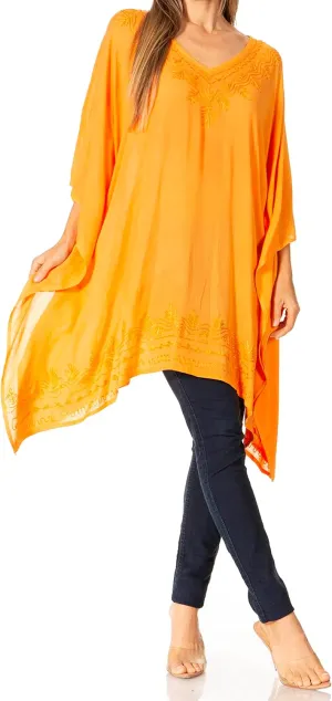 Sakkas Wren Lightweight Circle Poncho Top Blouse with Detailed Embroidery