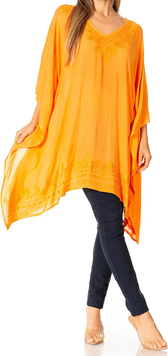 Sakkas Wren Lightweight Circle Poncho Top Blouse with Detailed Embroidery