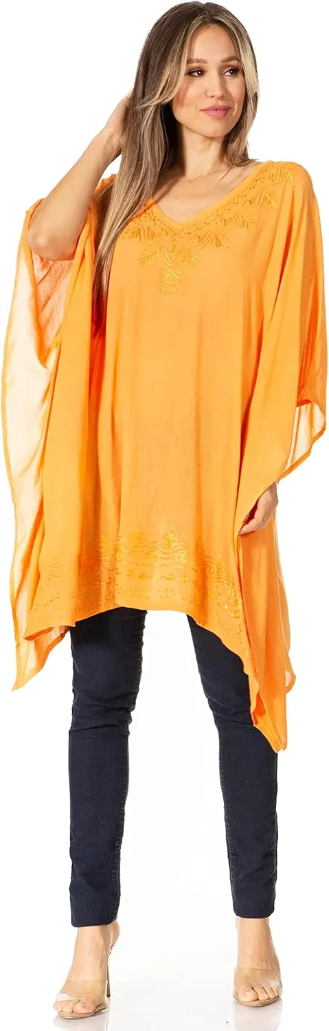 Sakkas Wren Lightweight Circle Poncho Top Blouse with Detailed Embroidery