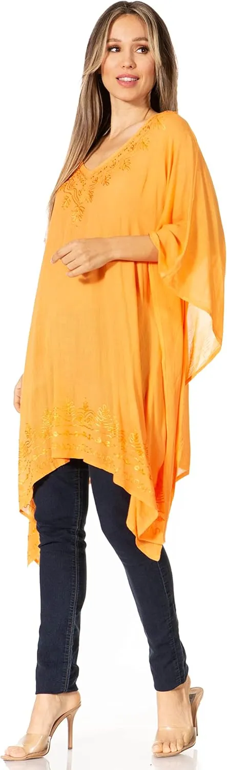 Sakkas Wren Lightweight Circle Poncho Top Blouse with Detailed Embroidery