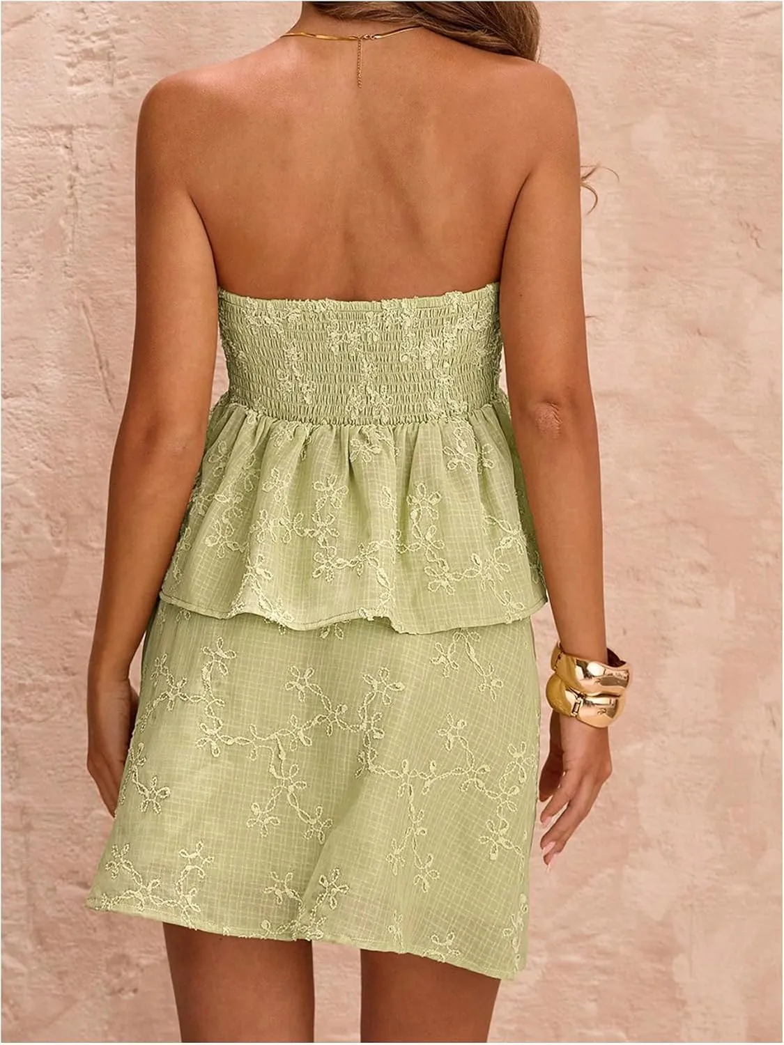 SHENHE Women's Flowy Tube Top Y2k Strapless Smocked Ruffle Hem Peplum Boho Babydoll Bandeau Top