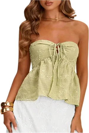 SHENHE Women's Flowy Tube Top Y2k Strapless Smocked Ruffle Hem Peplum Boho Babydoll Bandeau Top