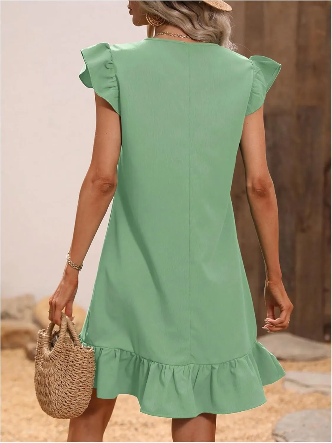 SOLY HUX Summer Dresses for Women V Neck Cap Sleeve Ruffle Hem Smock Short Dress