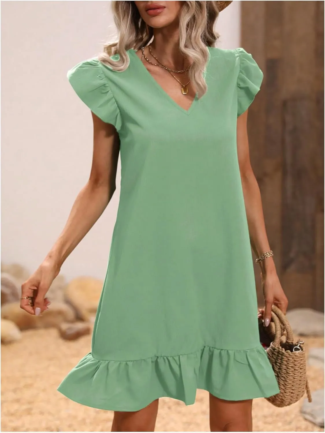 SOLY HUX Summer Dresses for Women V Neck Cap Sleeve Ruffle Hem Smock Short Dress
