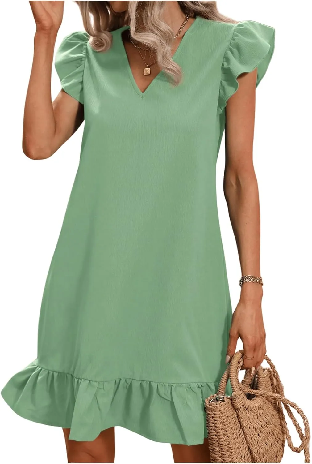 SOLY HUX Summer Dresses for Women V Neck Cap Sleeve Ruffle Hem Smock Short Dress