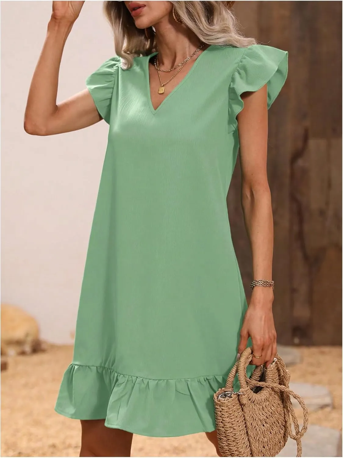SOLY HUX Summer Dresses for Women V Neck Cap Sleeve Ruffle Hem Smock Short Dress