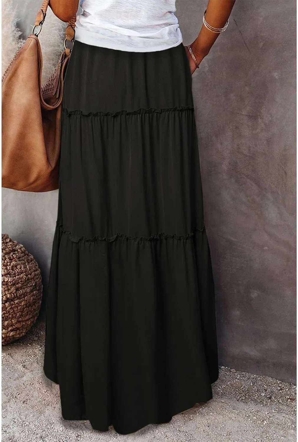 Summer Maxi Skirts for Women Casual Drawstring High Waisted Floral Print Boho Skirt Fashion Tiered Ruffle Hem Skirts