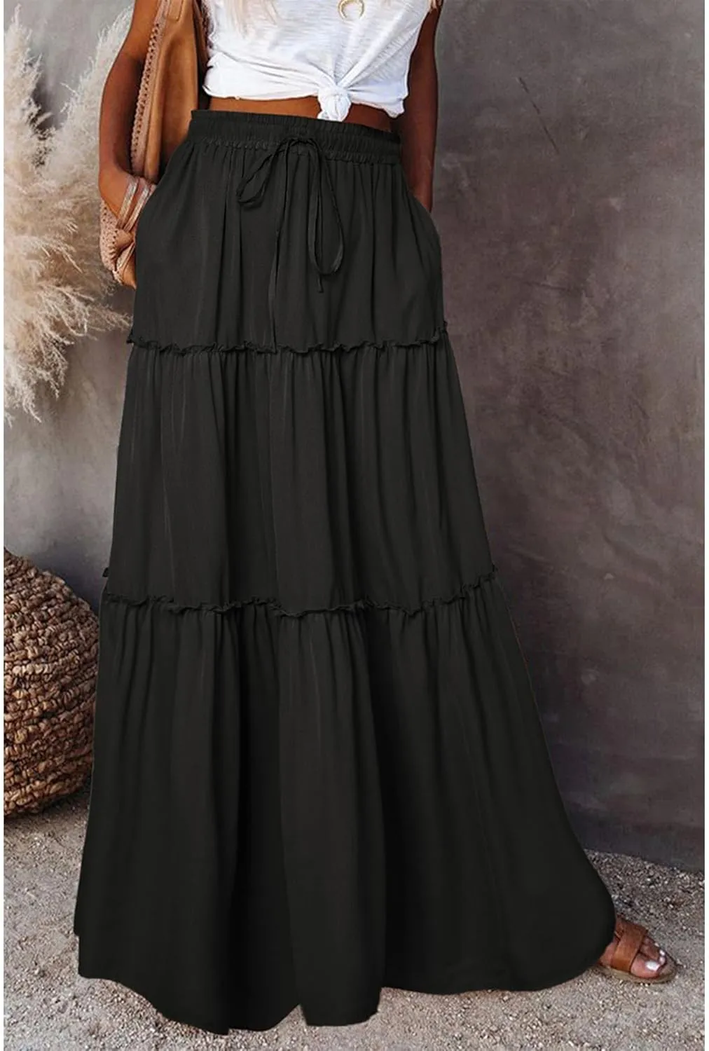 Summer Maxi Skirts for Women Casual Drawstring High Waisted Floral Print Boho Skirt Fashion Tiered Ruffle Hem Skirts