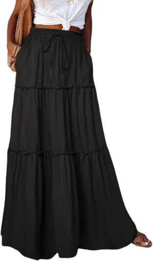 Summer Maxi Skirts for Women Casual Drawstring High Waisted Floral Print Boho Skirt Fashion Tiered Ruffle Hem Skirts