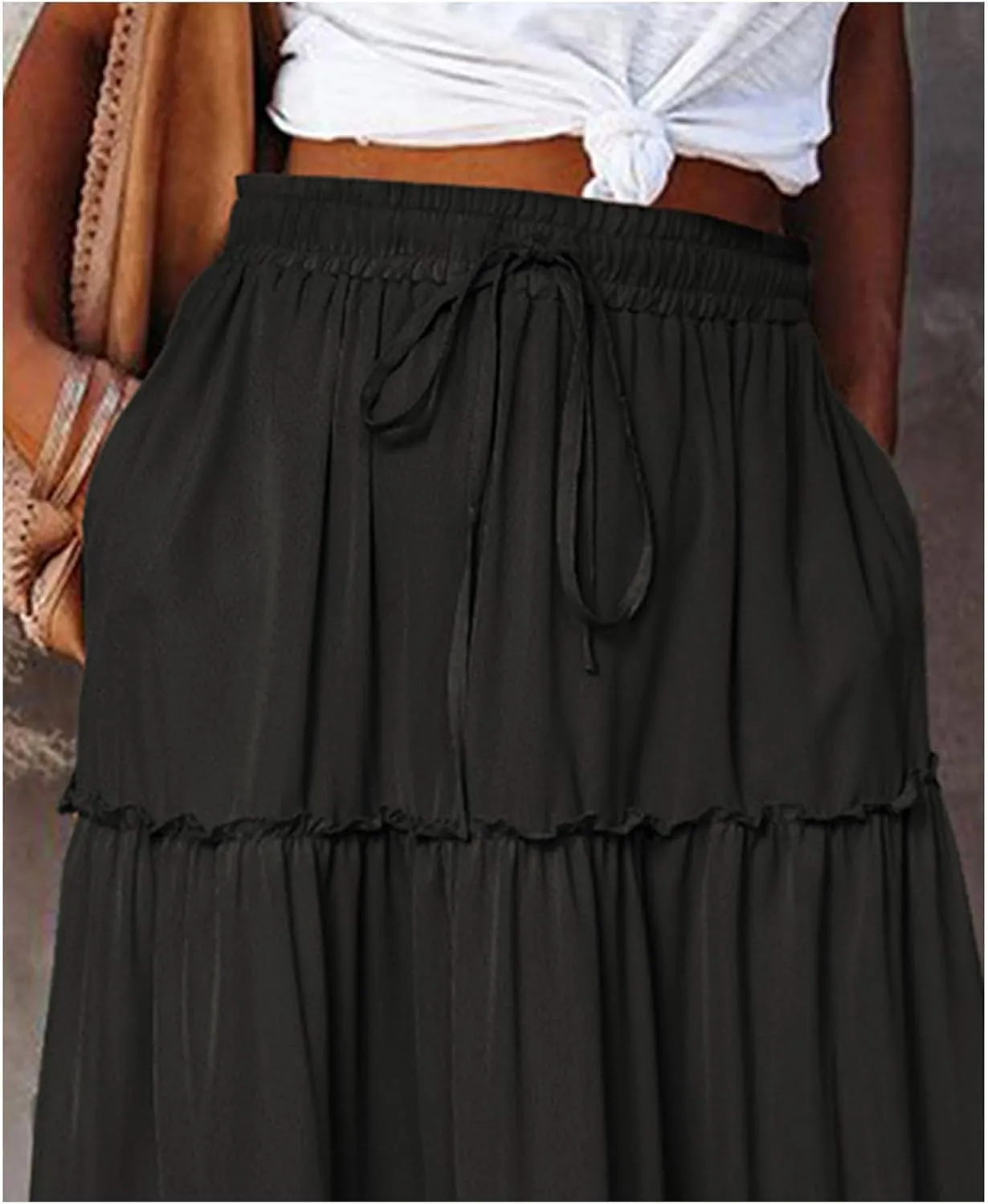 Summer Maxi Skirts for Women Casual Drawstring High Waisted Floral Print Boho Skirt Fashion Tiered Ruffle Hem Skirts
