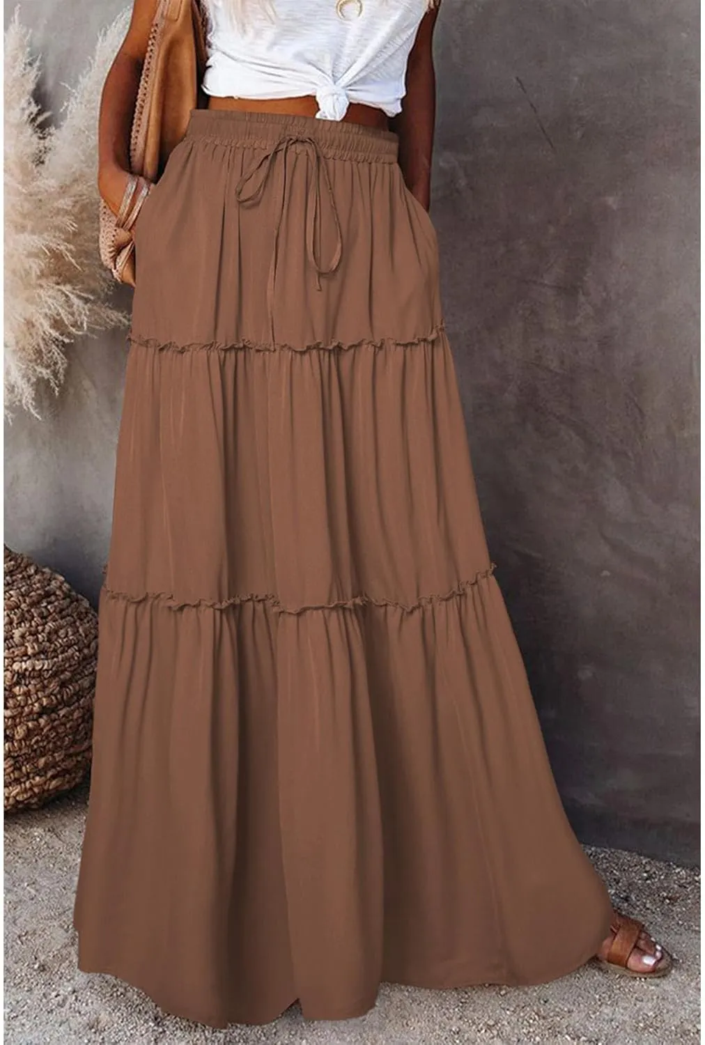 Summer Maxi Skirts for Women Casual Drawstring High Waisted Floral Print Boho Skirt Fashion Tiered Ruffle Hem Skirts