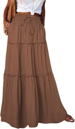 Summer Maxi Skirts for Women Casual Drawstring High Waisted Floral Print Boho Skirt Fashion Tiered Ruffle Hem Skirts
