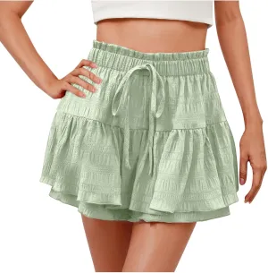 Summer Skirts for Women Casual High Waisted Drawstring Ruffle Layer Skort Shorts Fashion Flowy Beach Short Pants