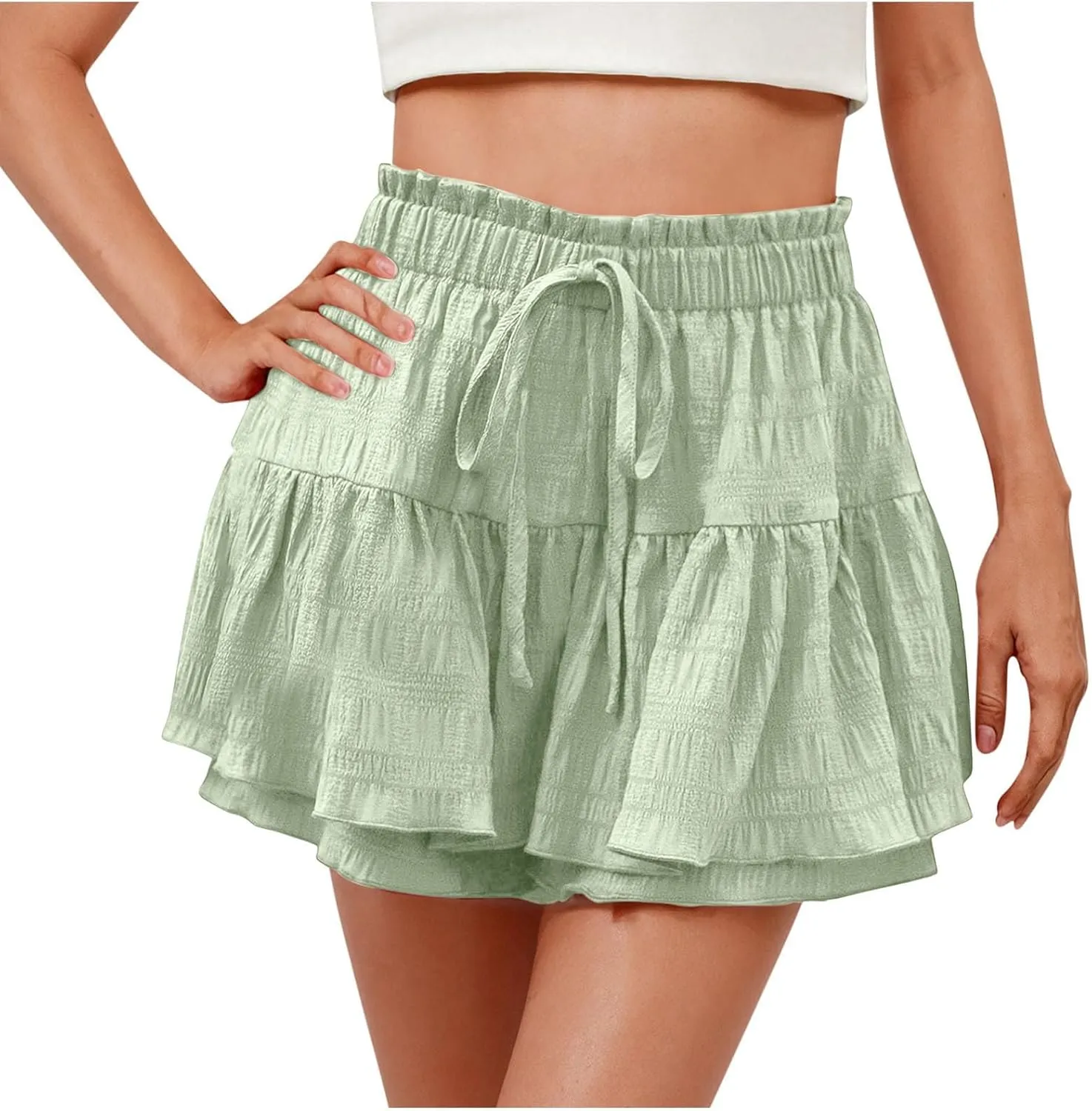Summer Skirts for Women Casual High Waisted Drawstring Ruffle Layer Skort Shorts Fashion Flowy Beach Short Pants