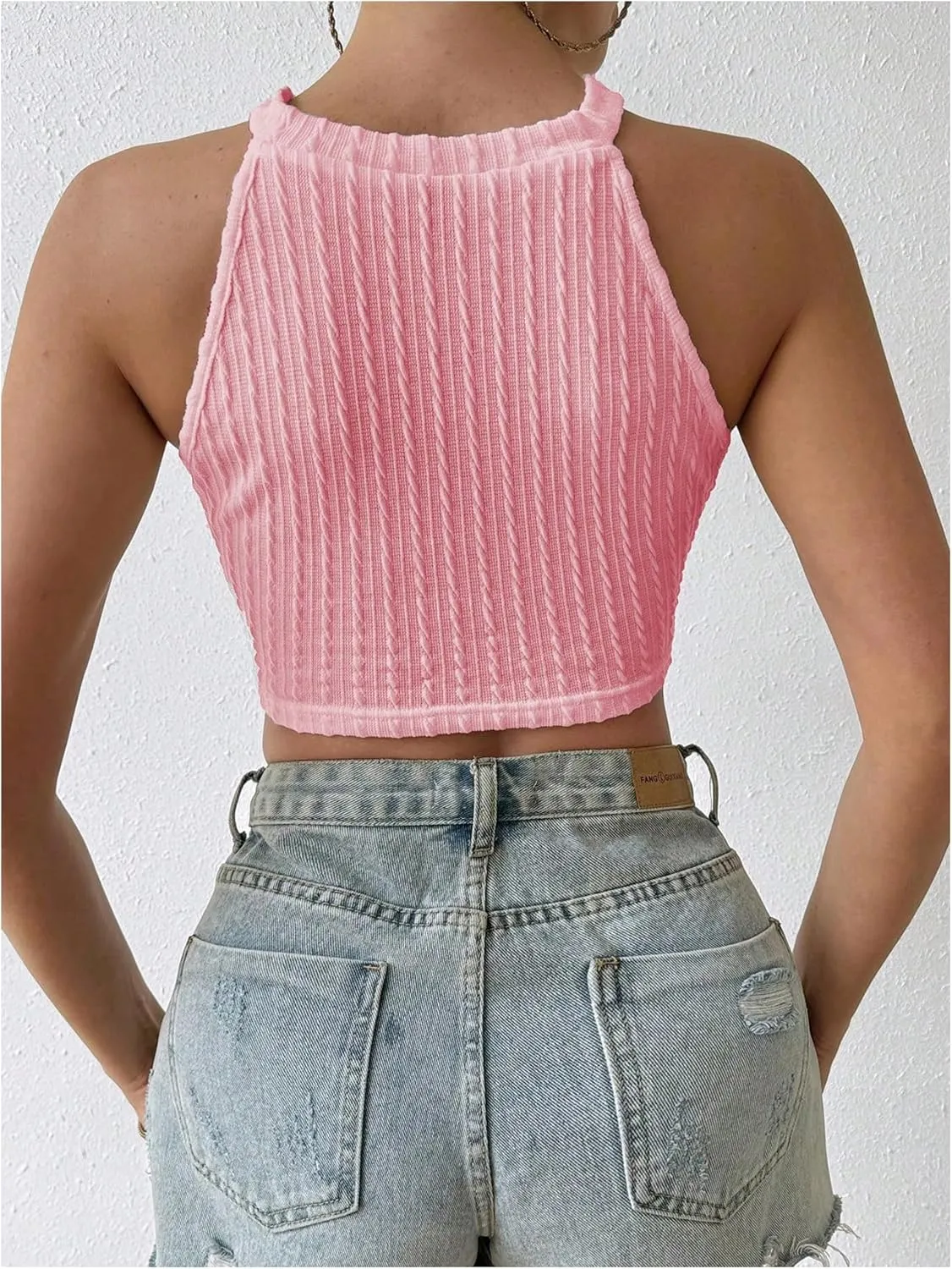 SweatyRocks Women's Fringe Hem Halter Tank Top Sleeveless Slim Fit Crop Tops