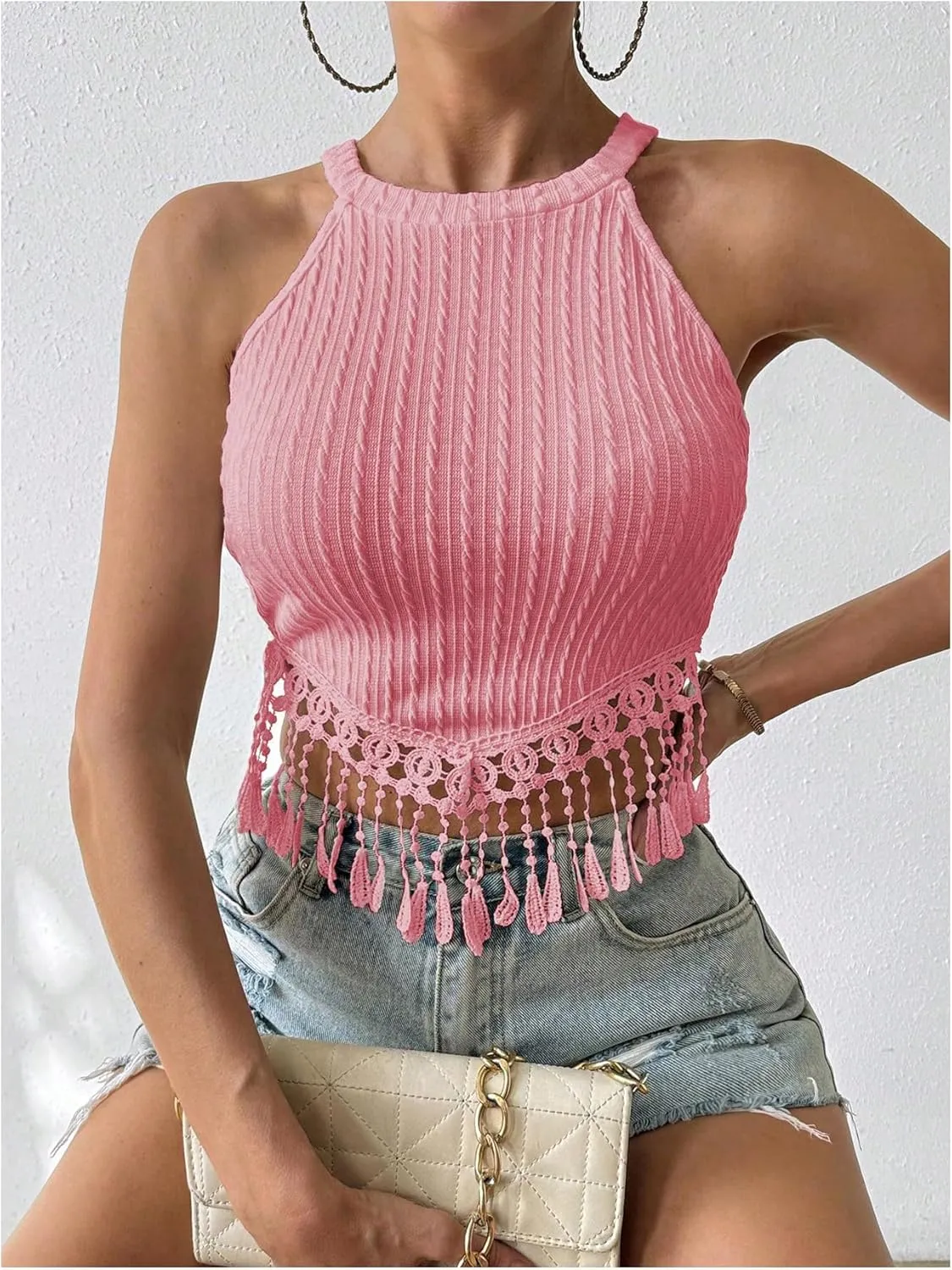 SweatyRocks Women's Fringe Hem Halter Tank Top Sleeveless Slim Fit Crop Tops