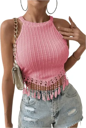 SweatyRocks Women's Fringe Hem Halter Tank Top Sleeveless Slim Fit Crop Tops