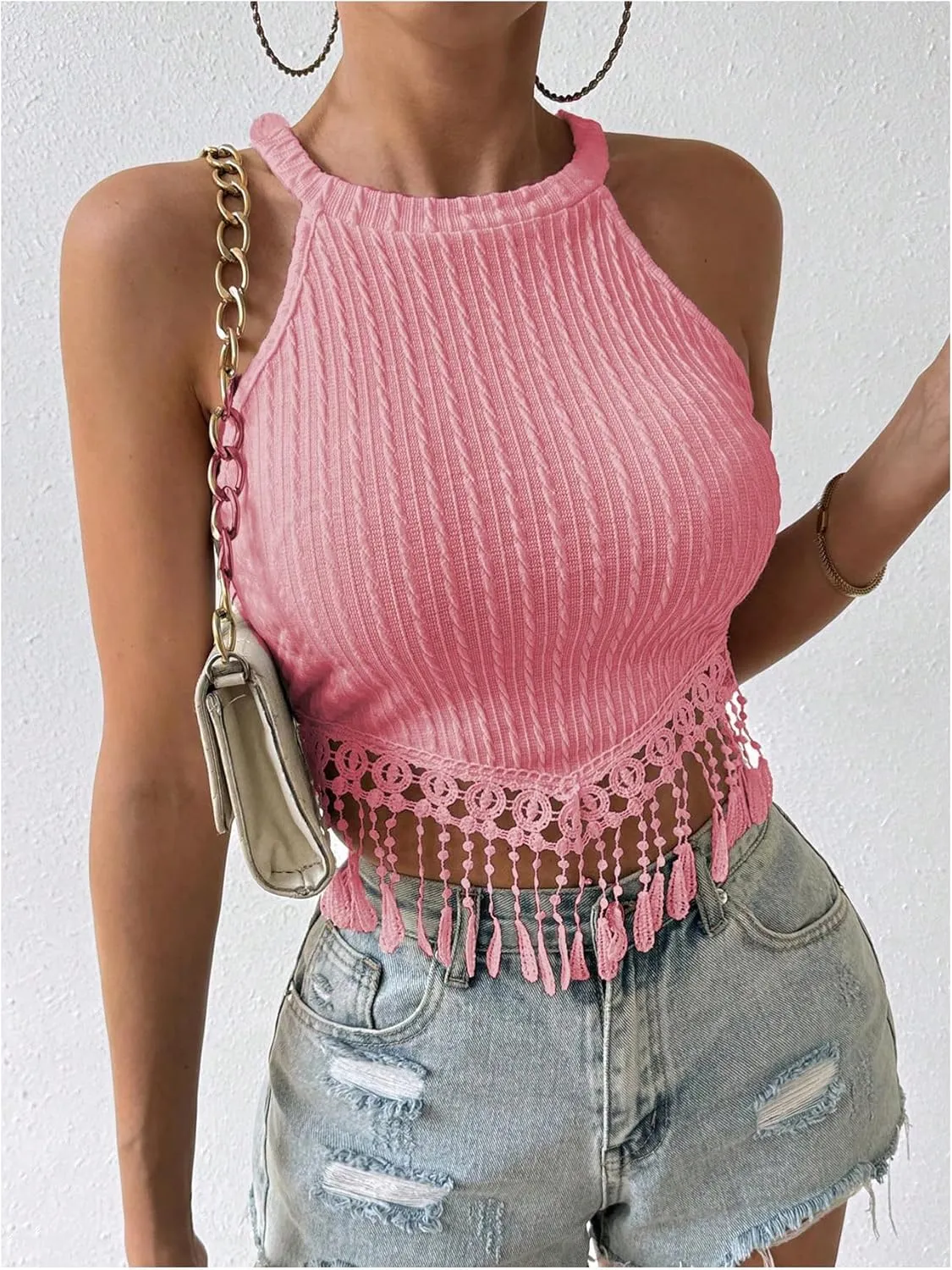 SweatyRocks Women's Fringe Hem Halter Tank Top Sleeveless Slim Fit Crop Tops