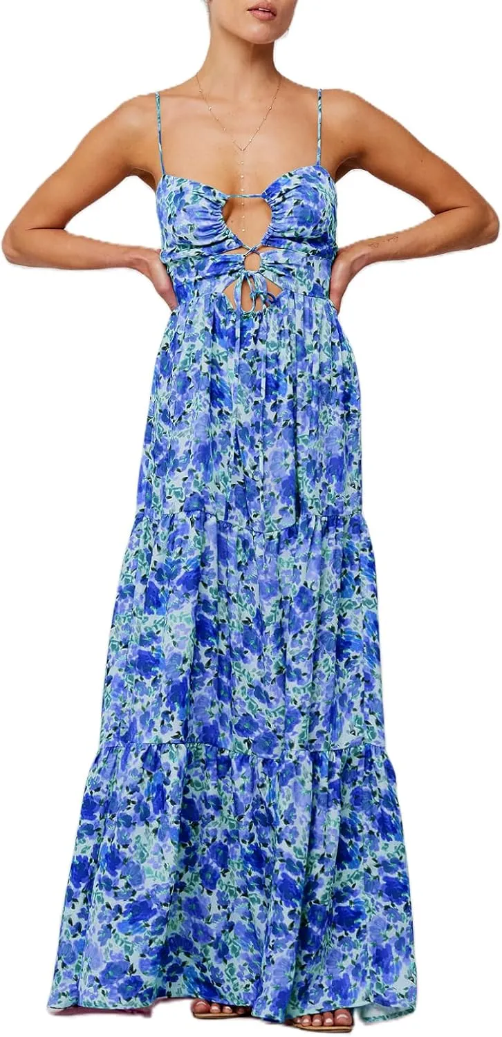 UAURORAO Women Tie Front Floral Maxi Dress Spaghetti Strap V Neck Cut Out Long Dress with Bow Wedding Guest Party Gown