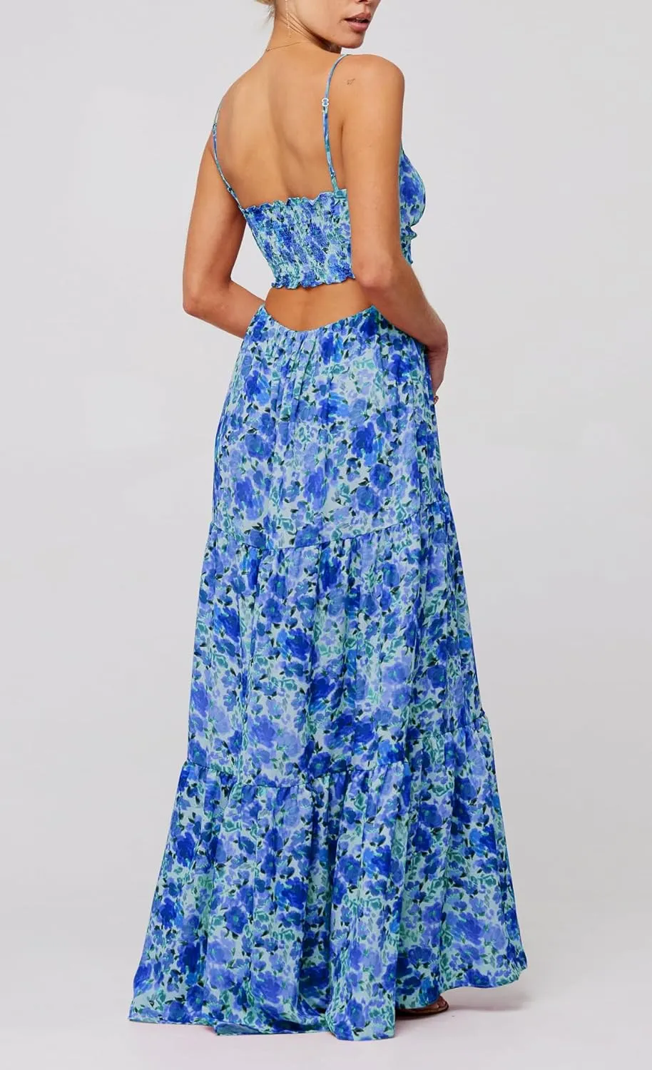 UAURORAO Women Tie Front Floral Maxi Dress Spaghetti Strap V Neck Cut Out Long Dress with Bow Wedding Guest Party Gown