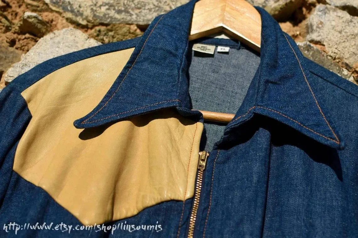 USA Coverall 70's en denim et cuir / Combinaison vintage 70's