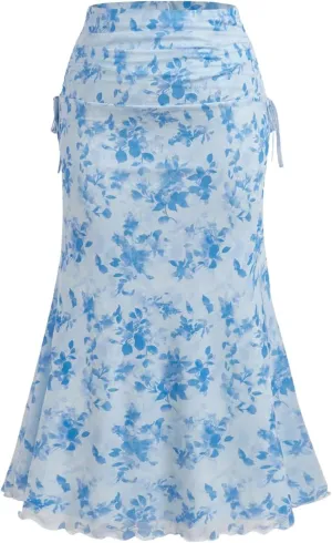 Verdusa Women's Plus Size Floral Fishtail Skirt Side Drawstring Ruched Maxi Skirt