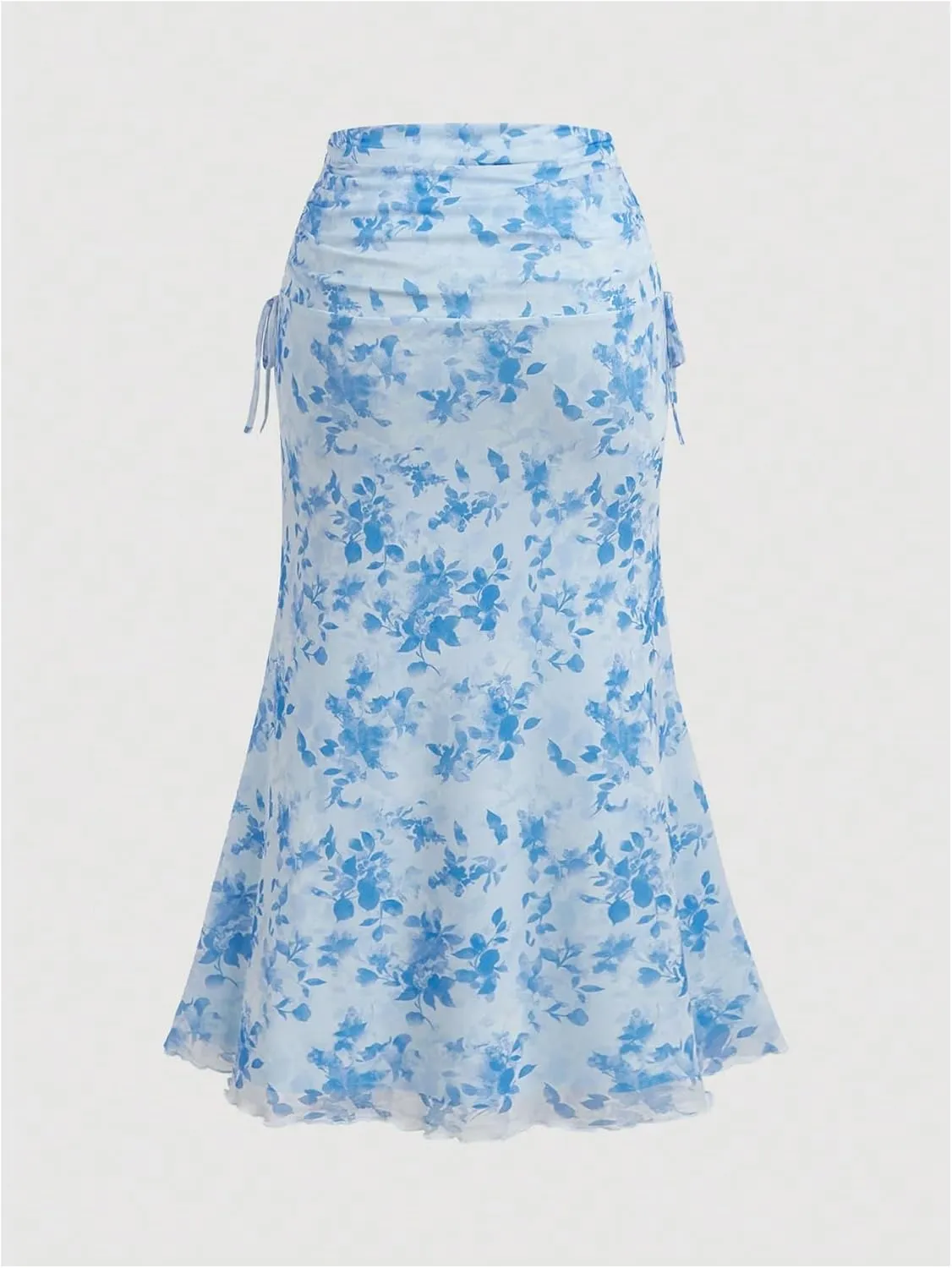 Verdusa Women's Plus Size Floral Fishtail Skirt Side Drawstring Ruched Maxi Skirt