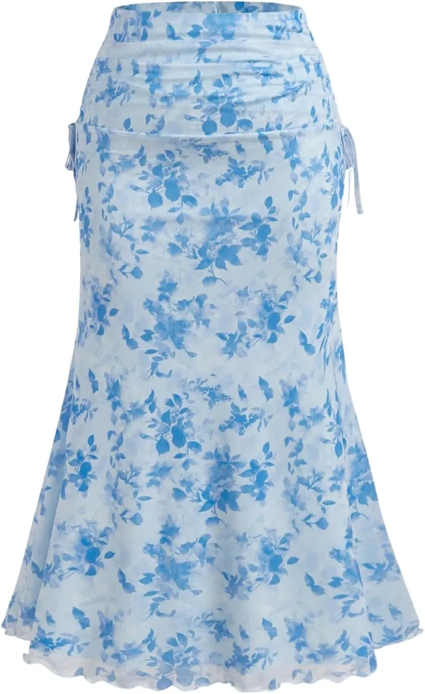 Verdusa Women's Plus Size Floral Fishtail Skirt Side Drawstring Ruched Maxi Skirt