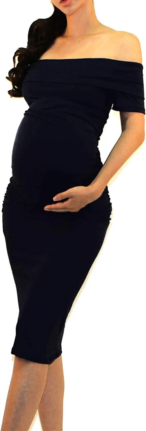 Vivicastle USA Women's Off Shoulder Ruffle Ruched Sides Knee Length Maternity Bodycon Dress