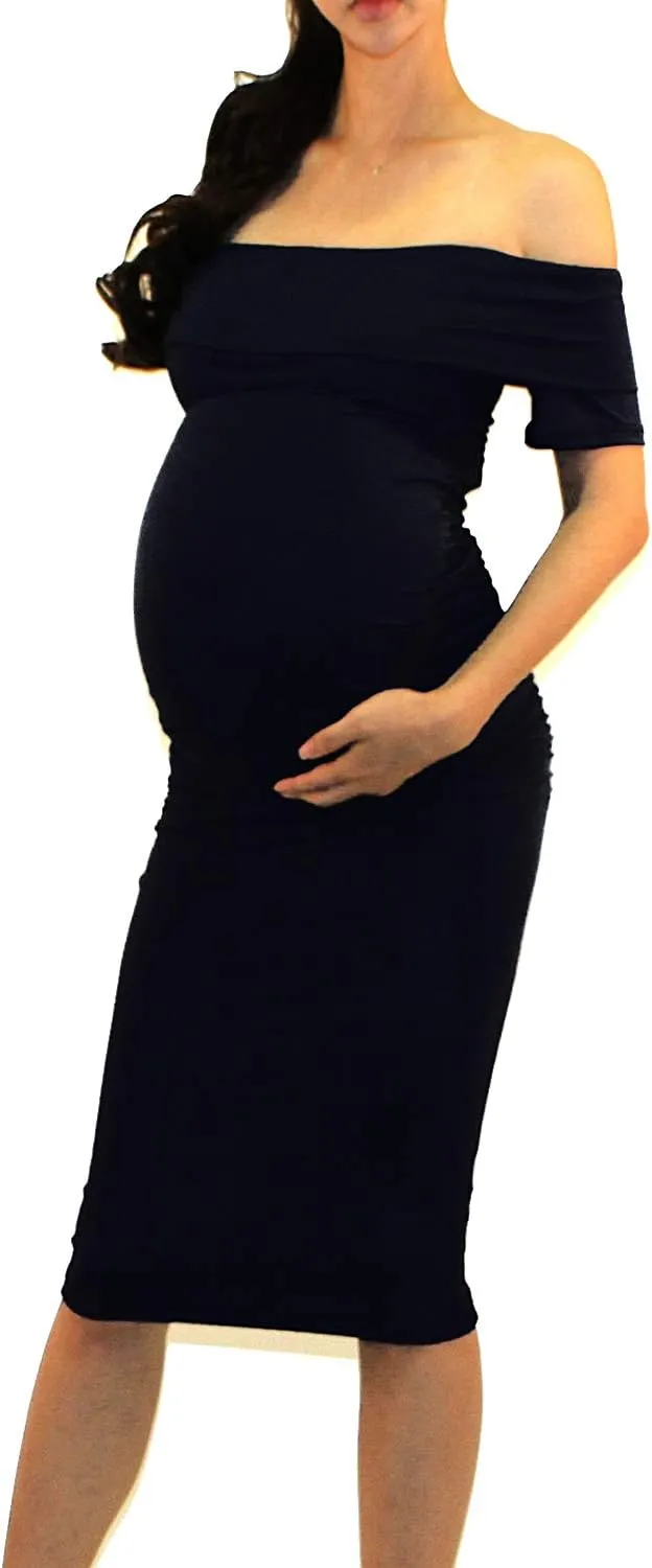 Vivicastle USA Women's Off Shoulder Ruffle Ruched Sides Knee Length Maternity Bodycon Dress