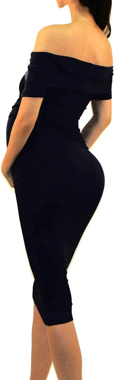 Vivicastle USA Women's Off Shoulder Ruffle Ruched Sides Knee Length Maternity Bodycon Dress