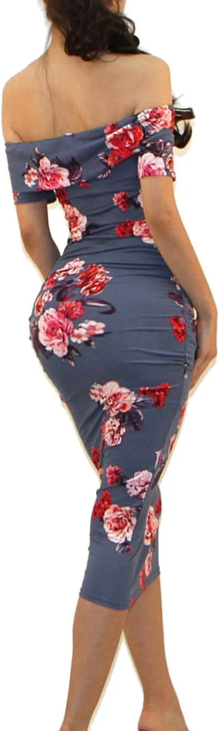 Vivicastle USA Women's Off Shoulder Ruffle Ruched Sides Knee Length Maternity Bodycon Dress