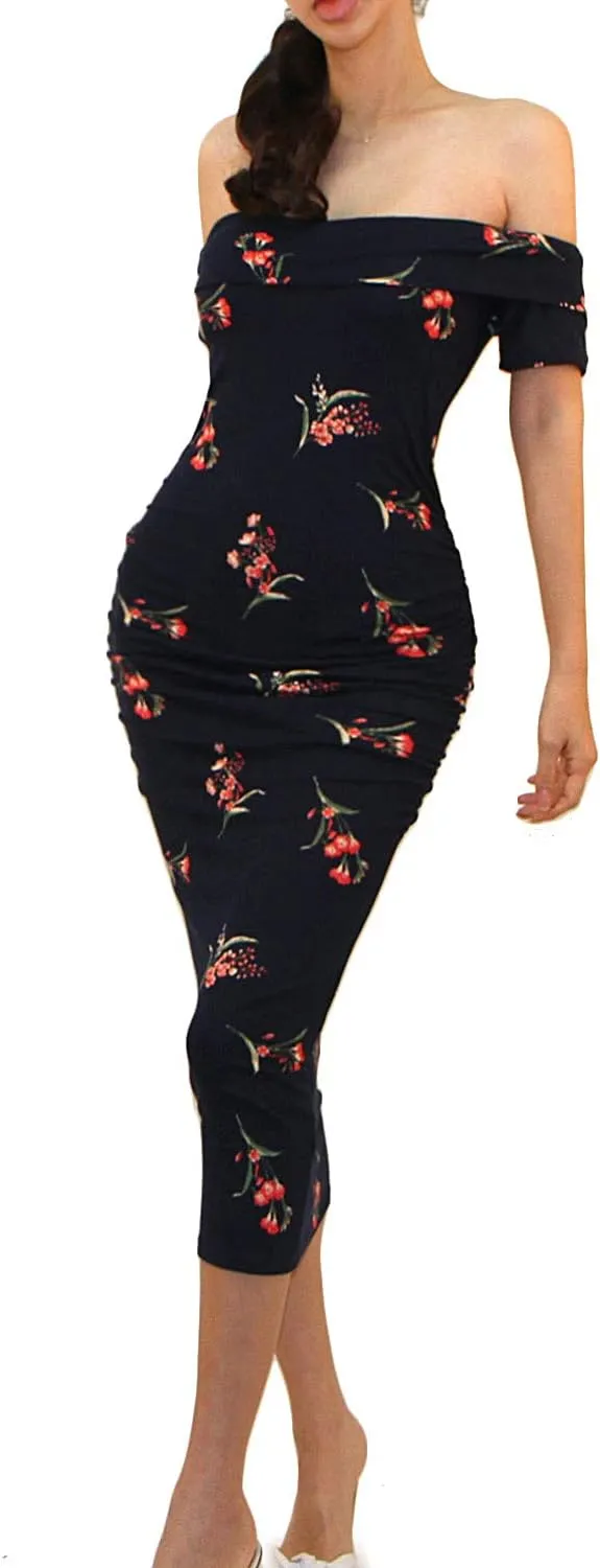 Vivicastle USA Women's Off Shoulder Ruffle Ruched Sides Knee Length Maternity Bodycon Dress