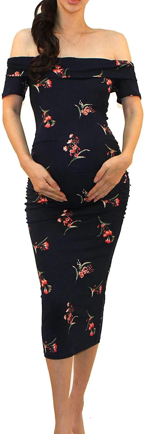 Vivicastle USA Women's Off Shoulder Ruffle Ruched Sides Knee Length Maternity Bodycon Dress