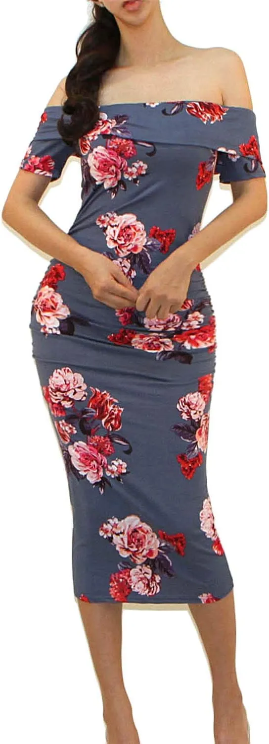 Vivicastle USA Women's Off Shoulder Ruffle Ruched Sides Knee Length Maternity Bodycon Dress