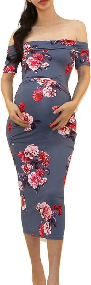 Vivicastle USA Women's Off Shoulder Ruffle Ruched Sides Knee Length Maternity Bodycon Dress