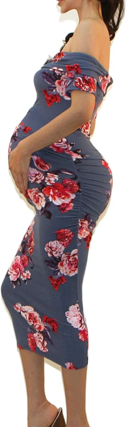 Vivicastle USA Women's Off Shoulder Ruffle Ruched Sides Knee Length Maternity Bodycon Dress