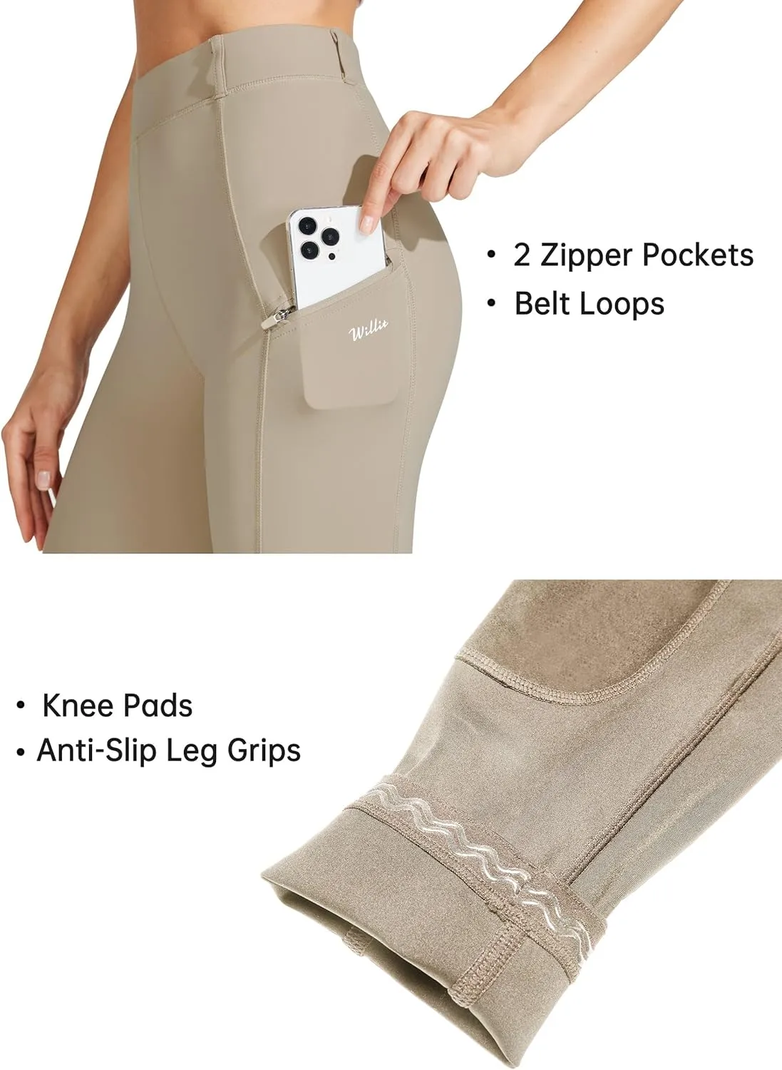 Willit Women's Horse Riding Pants Knee-Patch Equestrian Breeches Horseback Schooling Tights Zipper Pockets