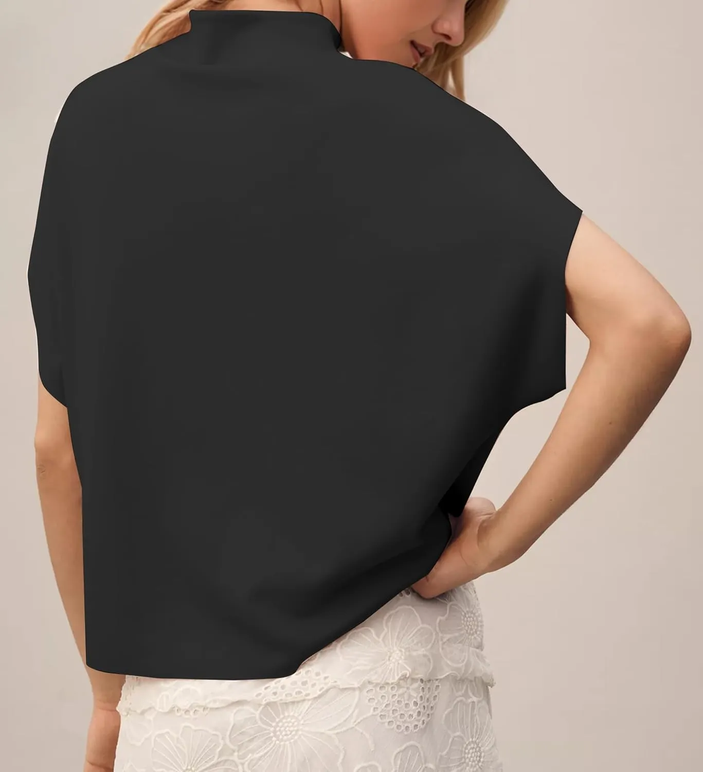 Women Mock Neck Batwing Short Sleeve Loose Tshirt Top Turtle Neck Batwing Sleeve Solid Oversized Tee Shirt Top