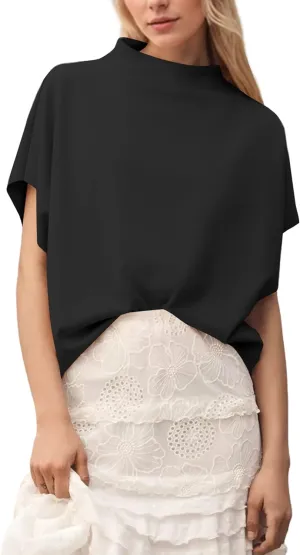 Women Mock Neck Batwing Short Sleeve Loose Tshirt Top Turtle Neck Batwing Sleeve Solid Oversized Tee Shirt Top