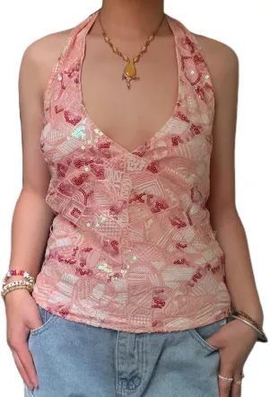 Women Y2k Sequin Halter Top Sheer Mesh Embroidered Beaded Cami Top Sleeveless Backless Sparkly Crop Tops