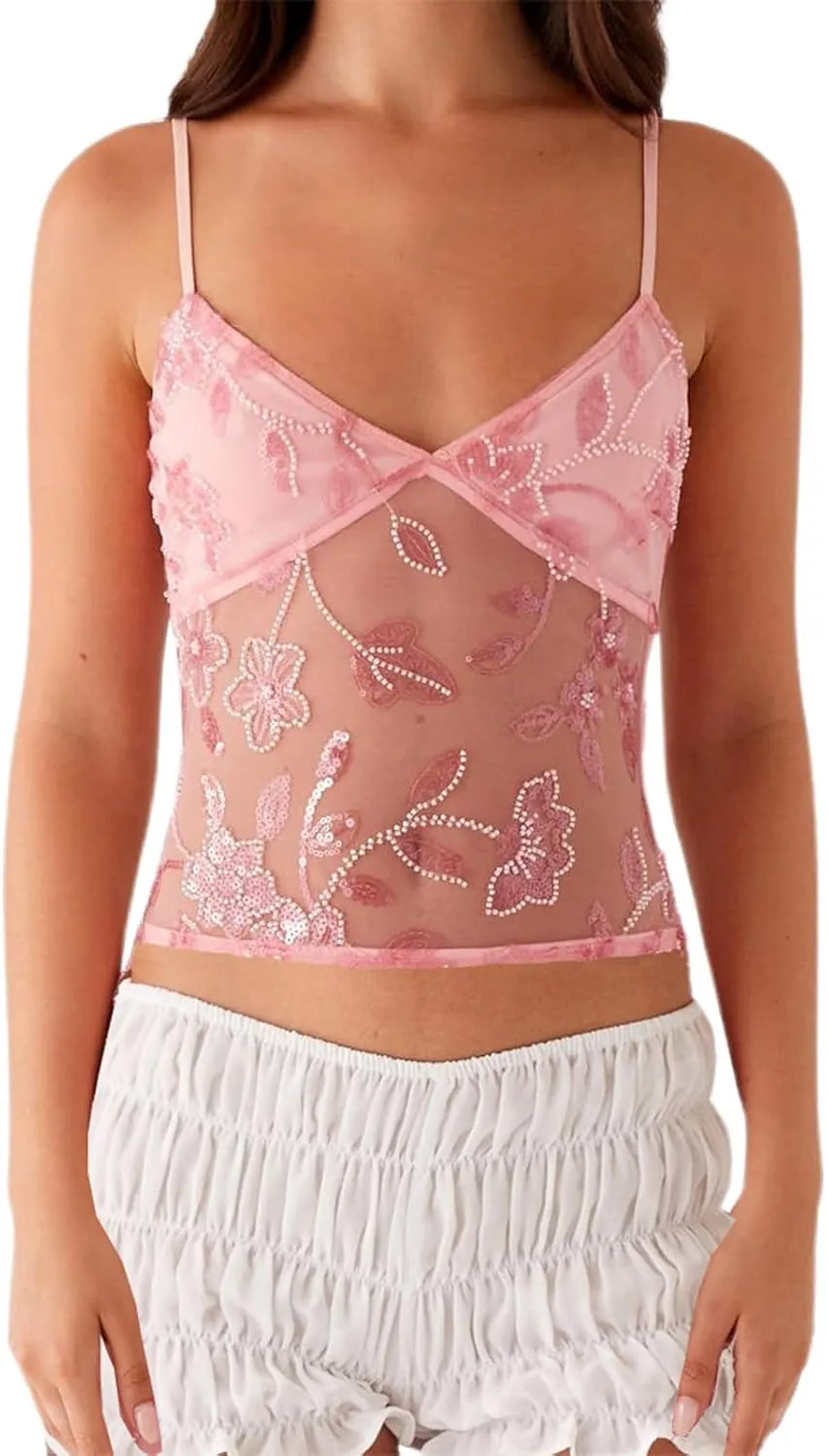 Women Y2K Sequin Mesh Tank Top Glitter Floral Embroidered Cami Crop Top Sleeveless Backless Rhinestone Camisole