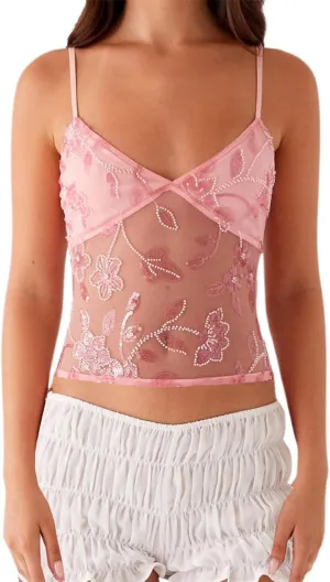 Women Y2K Sequin Mesh Tank Top Glitter Floral Embroidered Cami Crop Top Sleeveless Backless Rhinestone Camisole