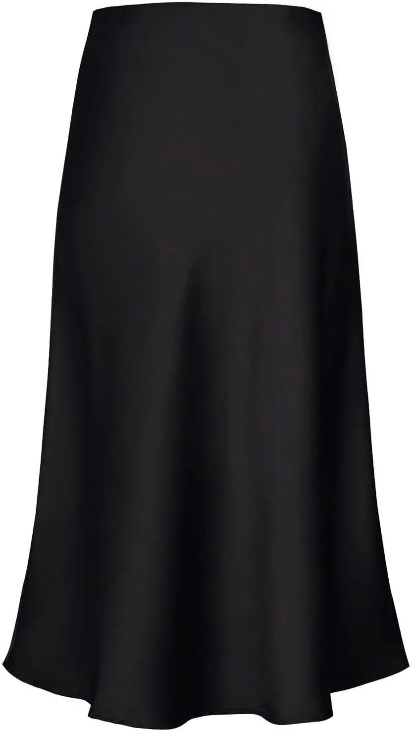 Women's Satin High Waist Hidden Elasticized Waistband Flared Casual A Line Midi Skirt