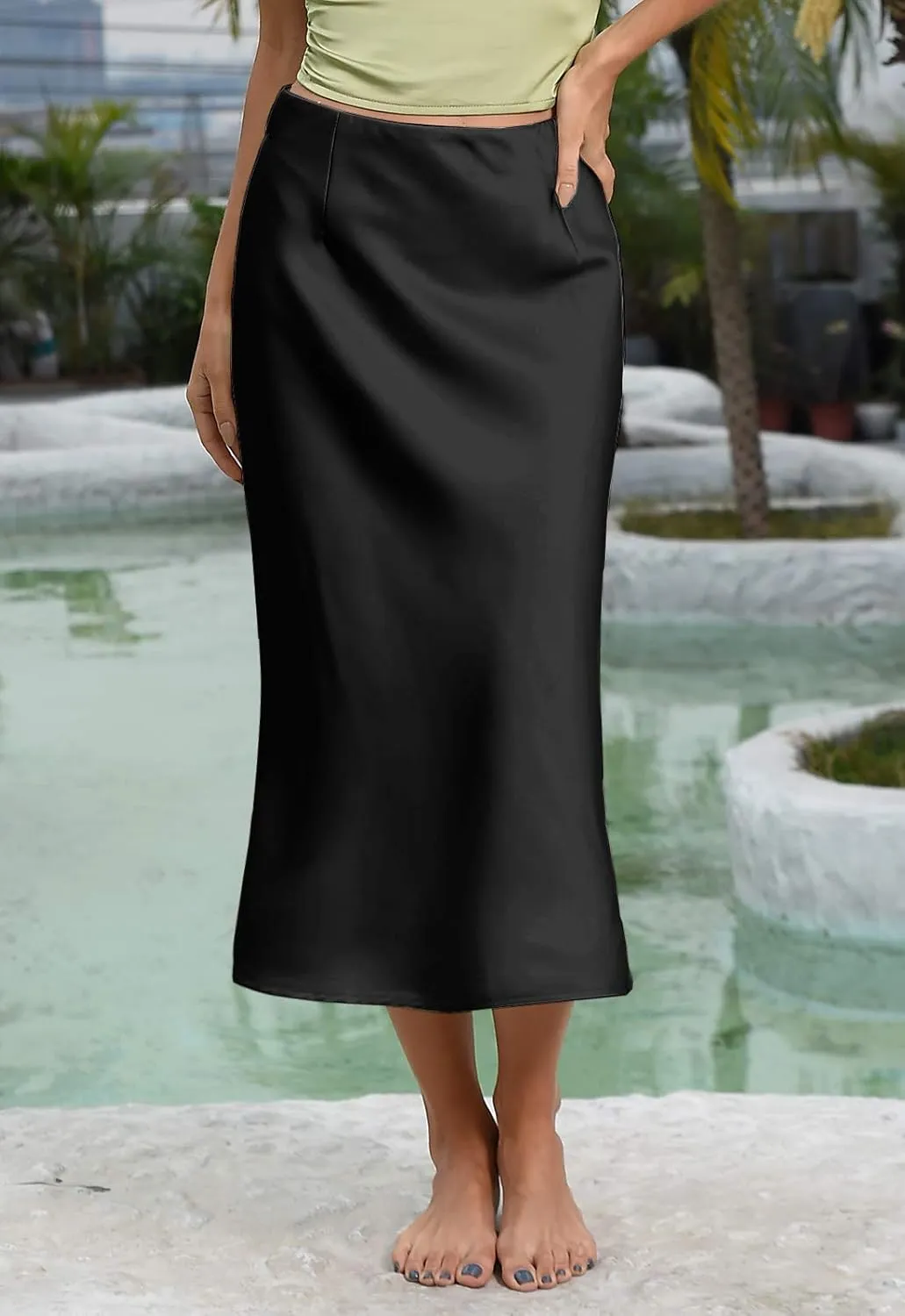 Women's Satin High Waist Hidden Elasticized Waistband Flared Casual A Line Midi Skirt