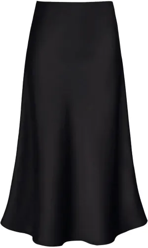 Women's Satin High Waist Hidden Elasticized Waistband Flared Casual A Line Midi Skirt