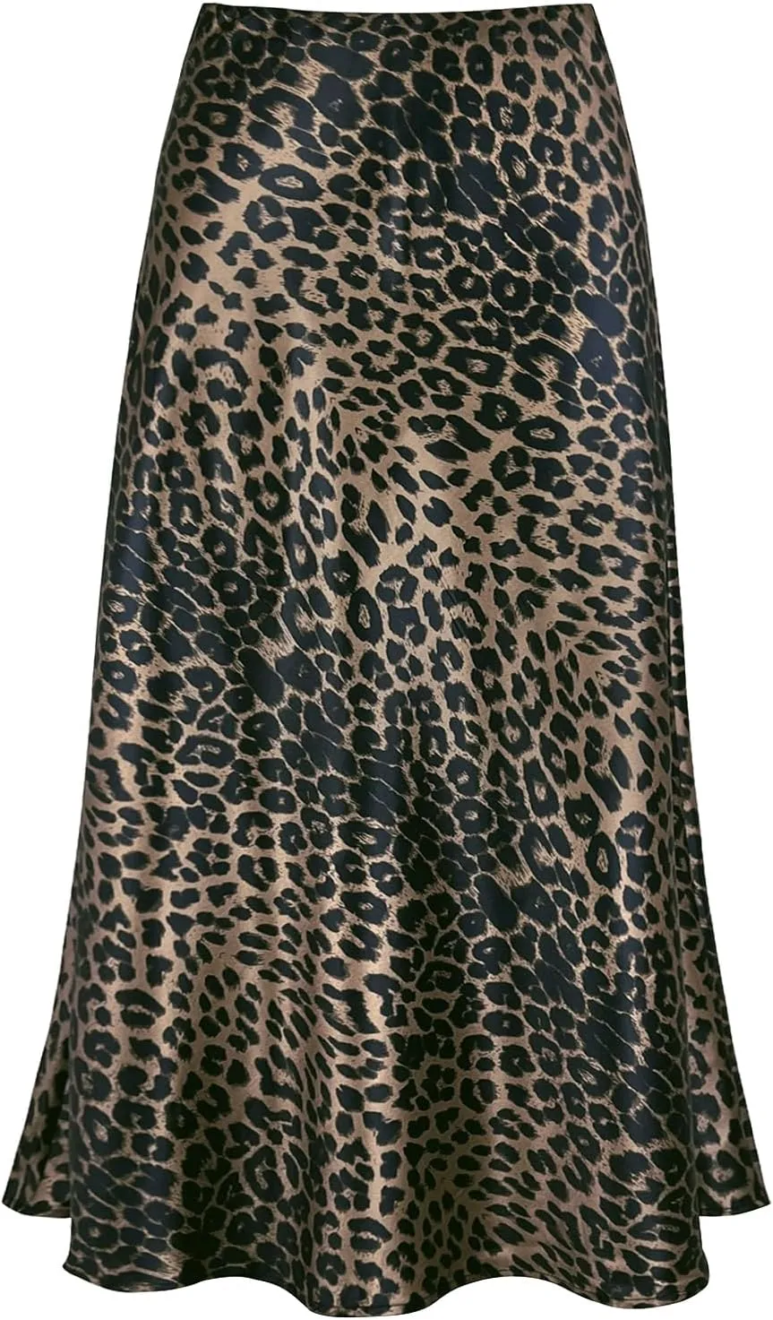 Women's Satin High Waist Hidden Elasticized Waistband Flared Casual A Line Midi Skirt